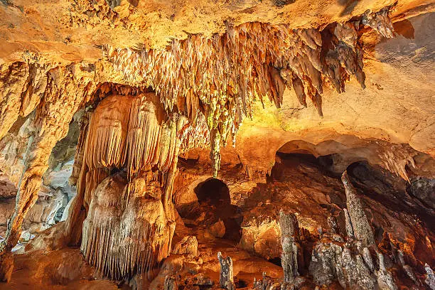 Stalactite rock formations in Lawa Cave. Kanchanaburi province, Thailand.