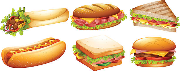 illustrazioni stock, clip art, cartoni animati e icone di tendenza di diverso di fastfood - panino