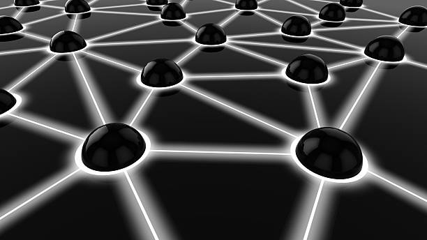 istock Black spheres connected with white glowing lines network concept 509847542