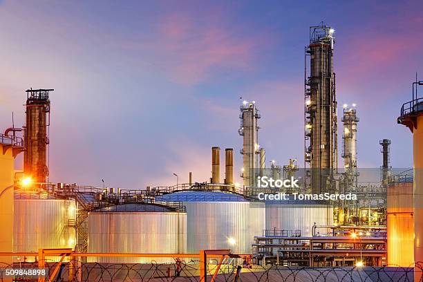 Oil Refinery At Twilight Stock Photo - Download Image Now - Oil Industry, Chemical Plant, Oil Refinery