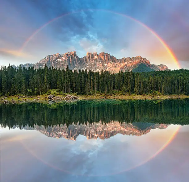 Alps Lake with rainbow - Lago di Carezza, Italy
