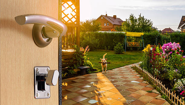 During the open door Behind the door open backyard at sunset vista posterior stock pictures, royalty-free photos & images