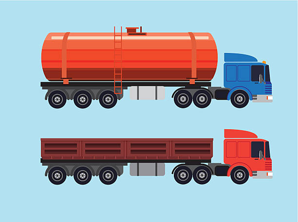 flat illustration of trucks flat illustration of trucks. Two trucks with various trailers. One for transportation fuel and one for bulk cargo, sand, gravel film trailer music stock illustrations