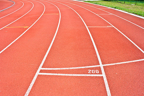 istock Running track rubber standard red color 509857618