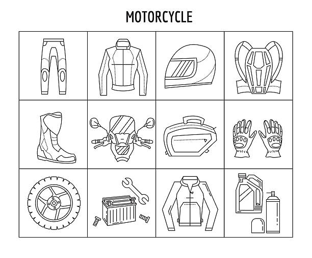 wektor zestaw ikon liniowego - motorcycle mirror biker glove stock illustrations