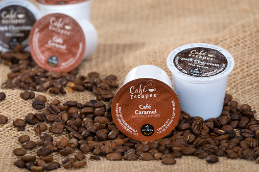 Dallas, USA - July 30, 2014: Keurig Green Mountain Coffee single-serve K-Cups for brewing machine. Cafe Escapes is a collection of premium hot cocoas and dairy-based beverages available for Keurig brewer.