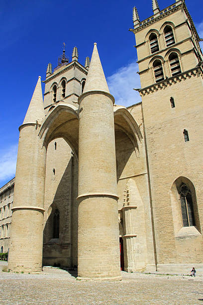 Saint Pierre Cathedral , Montpellier, France Montpellier, France - May 27, 2014:  a student sitting in front of Saint Pierre Cathedral of Montpellier, south of France nostradamus stock pictures, royalty-free photos & images