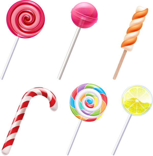 Colorful sweets icons set - vector illustration Colorful sweets icons set - candy cane marshmallow spiral lollipop lemon vector illustration. lollipop stock illustrations