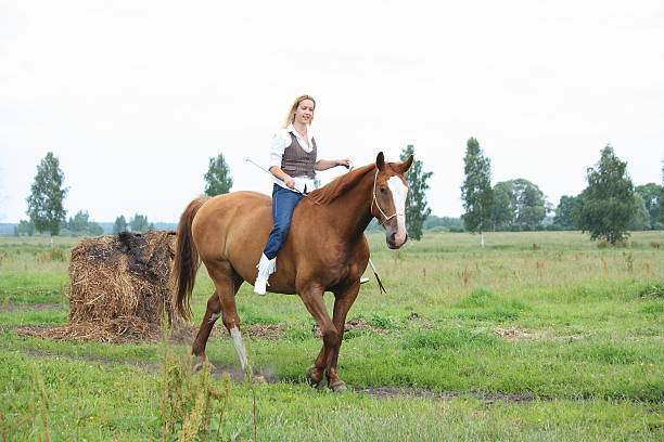 beautiful blonde woman riding horse bareback - bareback стоковые фото и изображения