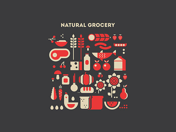 Natural grocery food Natural grocery food. Vegetable natural, healthy fresh fruit, organic ingredient, vector illustration meat patterns stock illustrations