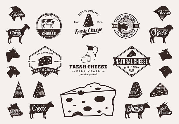 Set of Vector Cheese Labels, Icons and Design Elements Set of cheese labels. Cheese labels with sample text. Cheese icons and design elements for groceries, agriculture stores, packaging and advertising. Farm animals icons. label silhouettes stock illustrations