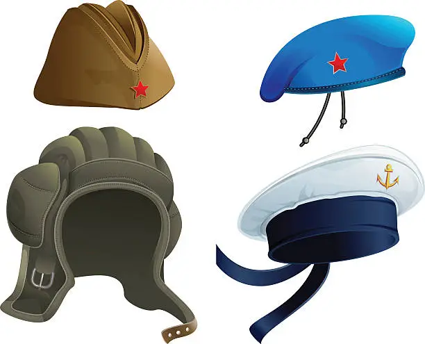 Vector illustration of Set Army headdress. Russian military garrison cap. Modern Military hat