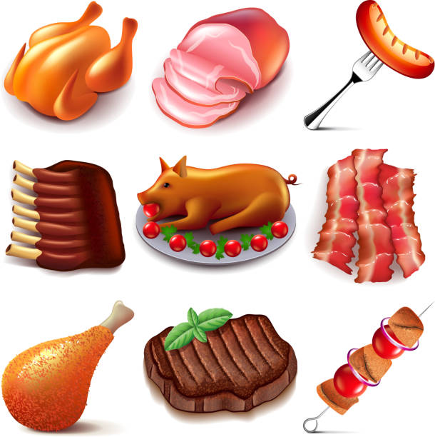Meat food icons vector set Meat food icons detailed photo realistic vector set clip art of rib cage stock illustrations
