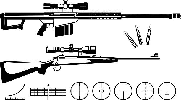 illustrations, cliparts, dessins animés et icônes de ensemble de fusils et aux objectifs de tireur d'élite armes à feu - tireur délite
