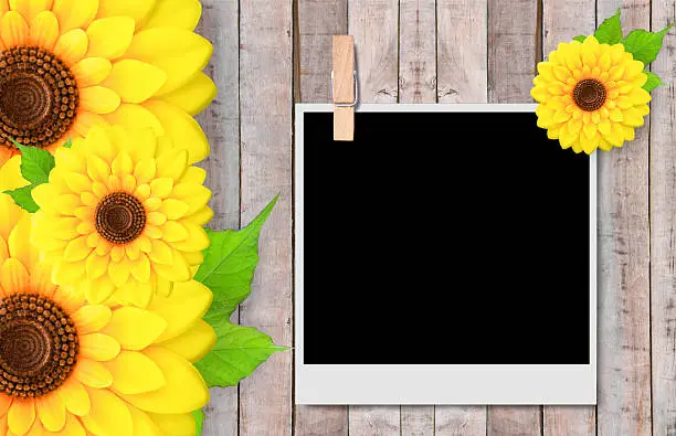 Photo of Empty instant photos and sunflowers