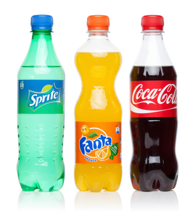 Tallinn. Estonia - August 16, 2014: Coca-Cola, Fanta and Sprite bottles isolated on the white background, clipping path included.
