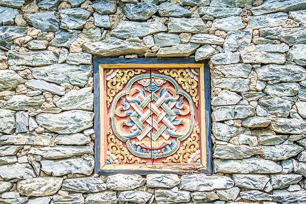 istock Wooded window and rock wall from bhutan 509895091