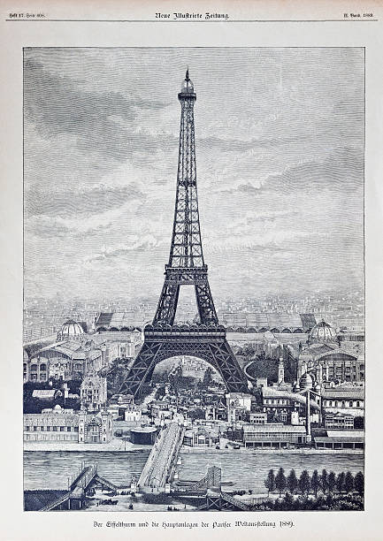 Reprography of a vintage engraved illustration from Eiffel Tower 1889 Very detailed reprography of a vintage engraved illustration from Eiffel Tower (French: La tour Eiffel) created 1889 for Exposition Universelle of 1889 (World's Fair) Paris, France.  From german paper "Neue Illustrierte Zeitung" 1889. eiffel tower paris illustrations stock illustrations