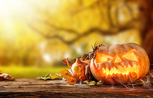 istock Scary hallowen pumpkins on wood 509895719