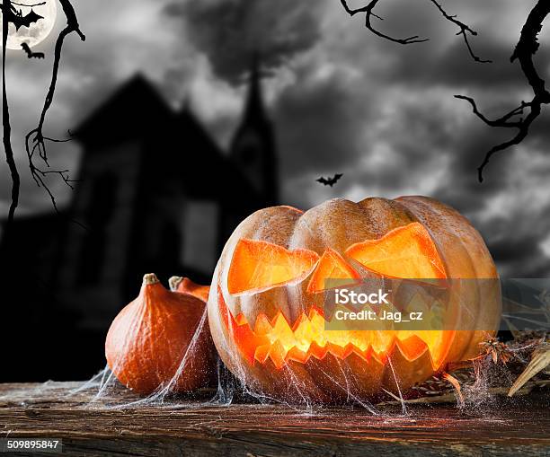 Halloween Pumpkin On Wood With Dark Background Stock Photo - Download Image Now - Autumn, Bat - Animal, Black Color