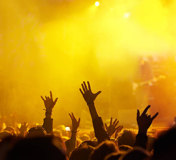 The crowd is going crazy Rear view of a crowd of people watching their band perform beneath the strobe lights on stage singer back stock pictures, royalty-free photos & images