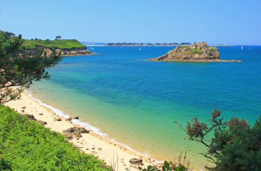 Beach and islands in the Bay of Morlaix, Finistere, English Channel, Brittany, France