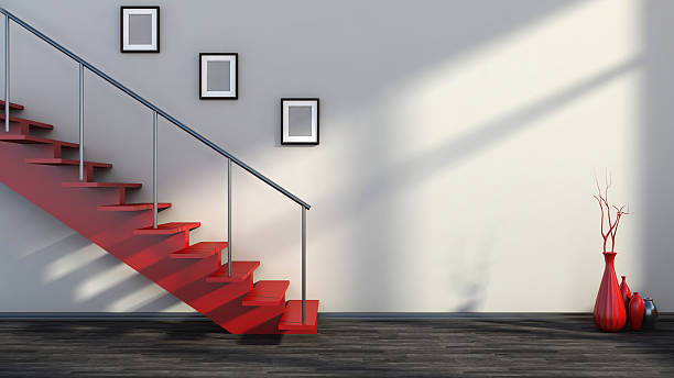 istock empty interior with red stairs and vase 509896943