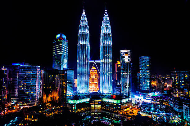 Panoramic night scene of Kuala Lumpur, Malayisia and Petronas Towers at night.