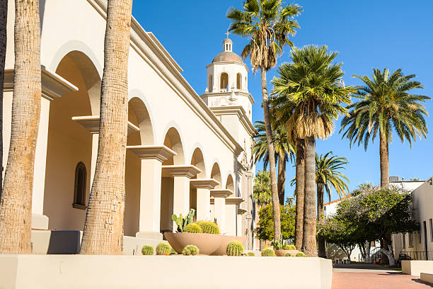 istock Mission San Xavier del Bac -Peaceful Courtyard with Palms 509910160