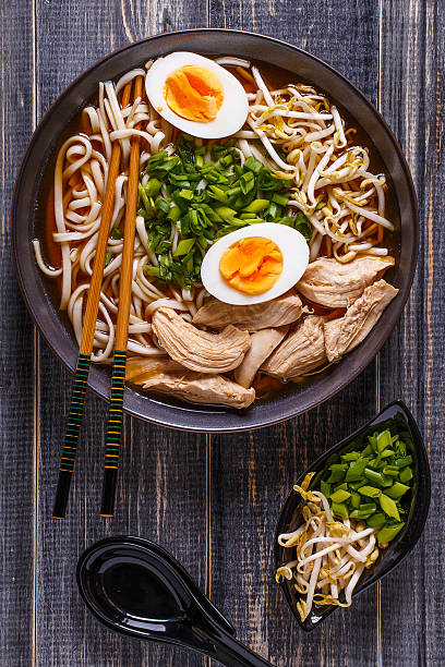 istock Japanese ramen soup with chicken, egg, chives and sprout. 509910324