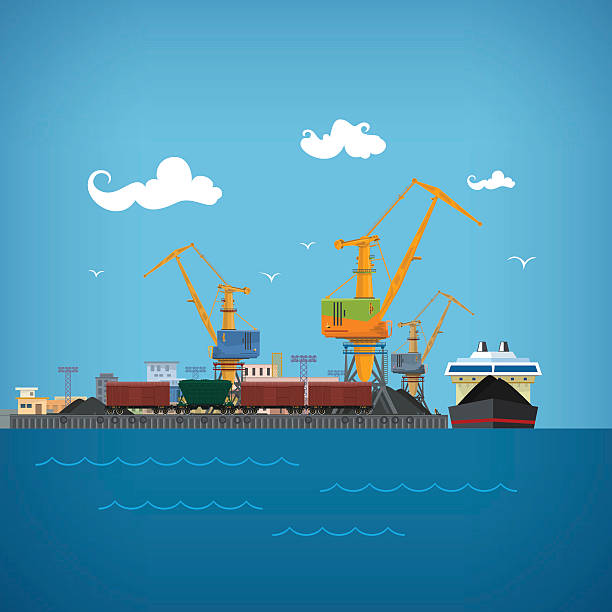 ilustrações de stock, clip art, desenhos animados e ícones de descarga carvão do navio de carga seca - coal crane transportation cargo container