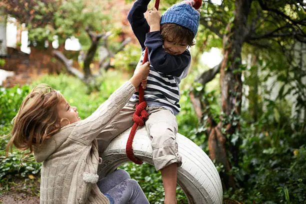 Shot of two cute kids playing on a tire swing in their garden