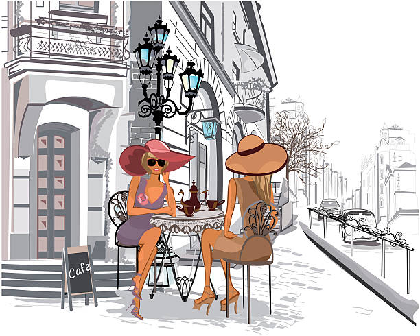 ilustrações, clipart, desenhos animados e ícones de rua cafe, na cidade velha com as pessoas. - coffee couple italy drinking