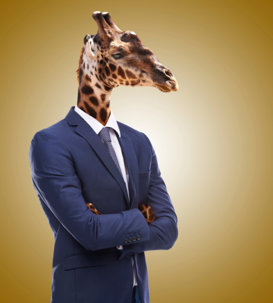 Studio shot of a businessperson with a giraffe head