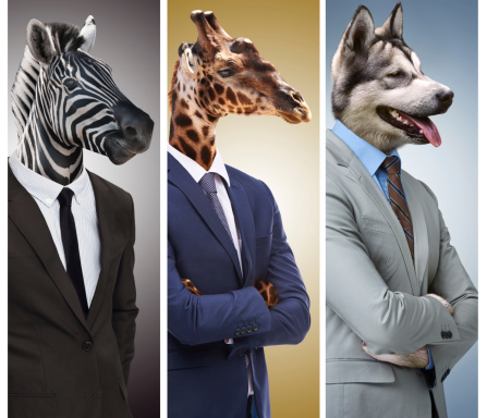 Conceptual image of animal heads on business people