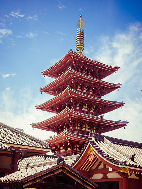 Asakusa Kannon Temple (Sensōji) in Tokyo Tokyo, Japan - Aug 11, 2014: The ornate five-story pagoda at Sensoji Temple in the Asakusa district of Tokyo with blue sky.Sensoji is a famous Buddhist temple, sensoji stock pictures, royalty-free photos & images