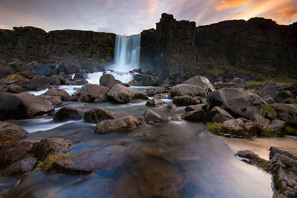 Oxararfoss waterfall Oxararfoss waterfall in Thingvellir, Iceland. golden circle route photos stock pictures, royalty-free photos & images