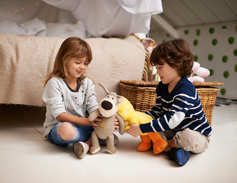 Shot of two adorable siblings playing together with their stuffed animalshttp://195.154.178.81/DATA/shoots/ic_783924.jpg
