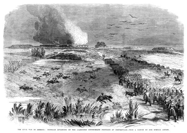 American Federal Army advancing on abandoned Confederate positions, Centreville The American Federal Army advancing on the abandoned Confederate positions near Centreville, Virginia (First Battle of Bull Run). From “The Illustrated London News” dated Saturday April 12th, 1862. “The Illustrated London News” was the world’s first illustrated weekly newspaper and was first published in 1842 by Herbert Ingram. manassas stock illustrations