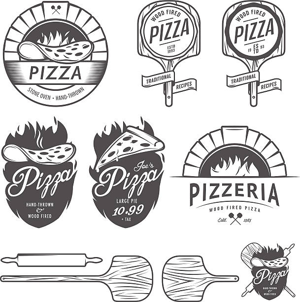 vintage pizzeria etiketten, abzeichen und design-elemente - brick oven stock-grafiken, -clipart, -cartoons und -symbole