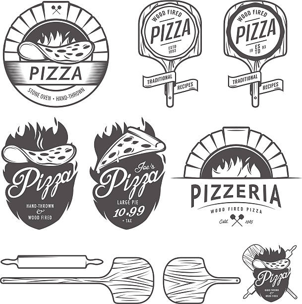 illustrazioni stock, clip art, cartoni animati e icone di tendenza di etichette pizzeria d'epoca, distintivi, elementi di design - pizzeria cafe restaurant italian culture