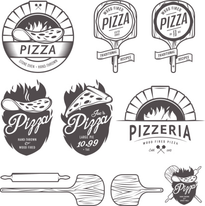 Vintage pizzeria labels, badges and design elements.