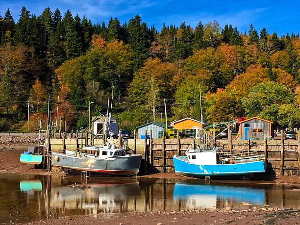 Imbarcazioni fuori dall'acqua con la bassa marea, Nuovo Brunswick Canada - foto stock