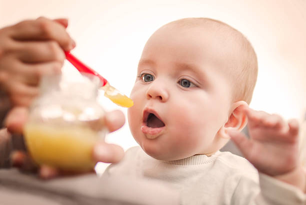 Baby food Close up of a mother feeding her baby in high chair. baby food stock pictures, royalty-free photos & images