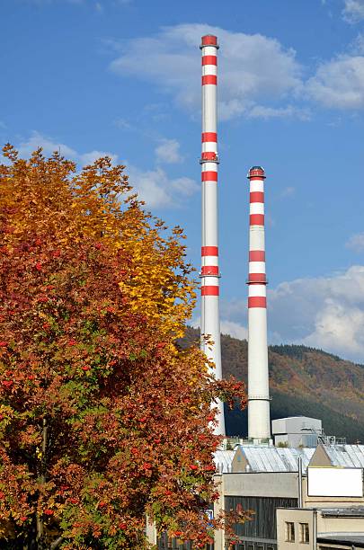 古い工場の煙突、2 つの高 - large business chimney cloud ストックフォトと画像