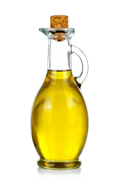 Bottle of olive oil on white background.