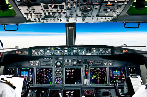 View from the flight deck of a modern jet airliner plane