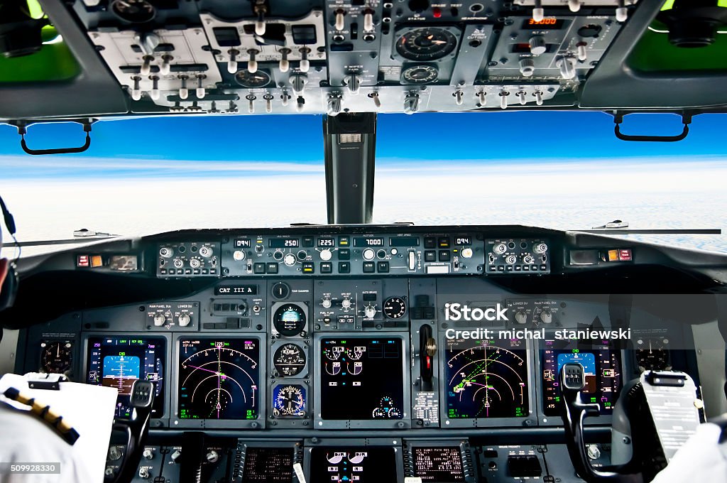View from the flight deck of modern airliner plane View from the flight deck of a modern jet airliner plane Scenics - Nature Stock Photo
