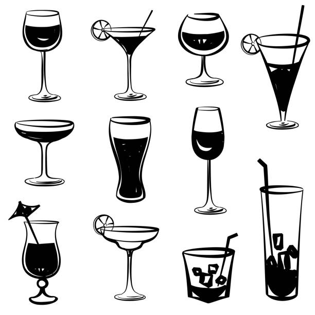 illustrazioni stock, clip art, cartoni animati e icone di tendenza di impostare bicchieri da cocktail. bianco e nero partito con simboli - manattan