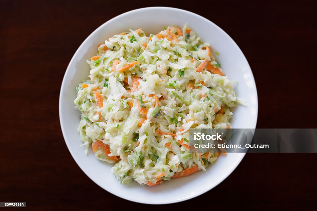 Coleslaw in Bowl Finely chopped coleslaw served in a white bowl. Single bowl used to enhance slaw.  Coleslaw Stock Photo